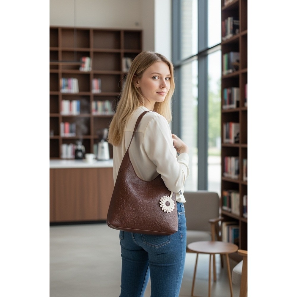Viral Western Brooklyn Genuine Leather Hobo Bag Womens Brown NEW Floral Embossed